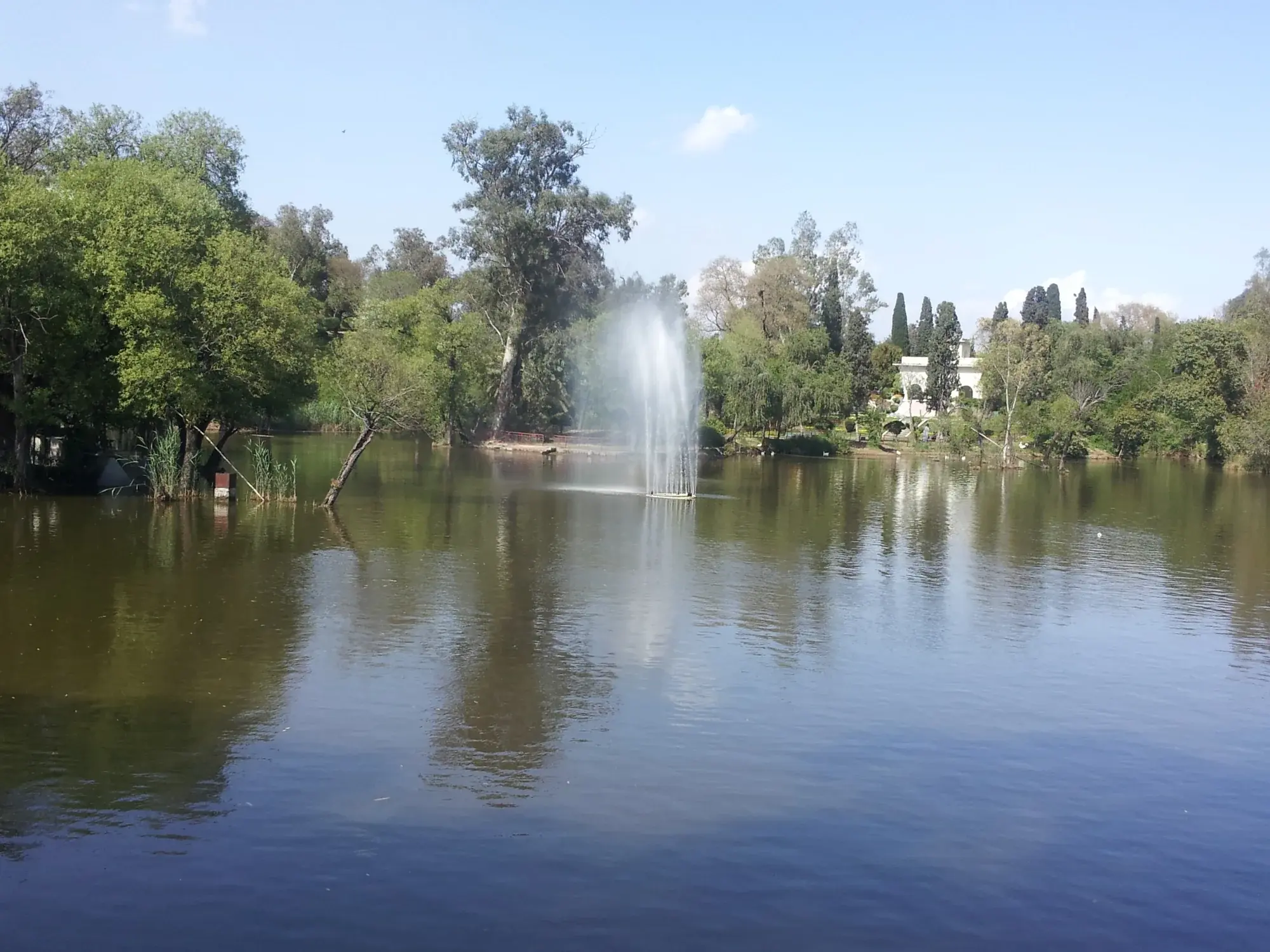 A fountain rises from the lake in Ayub Park, Rawalpindi, surrounded by trees and a waterside path